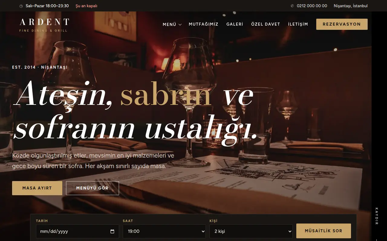 Geleneksel Restoran Web Sitesi — Ardent Fine Dining